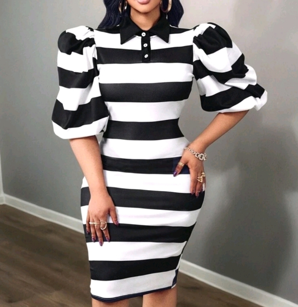 Women's Long Bodycon Dress With Striped Print, Mandarin Collar